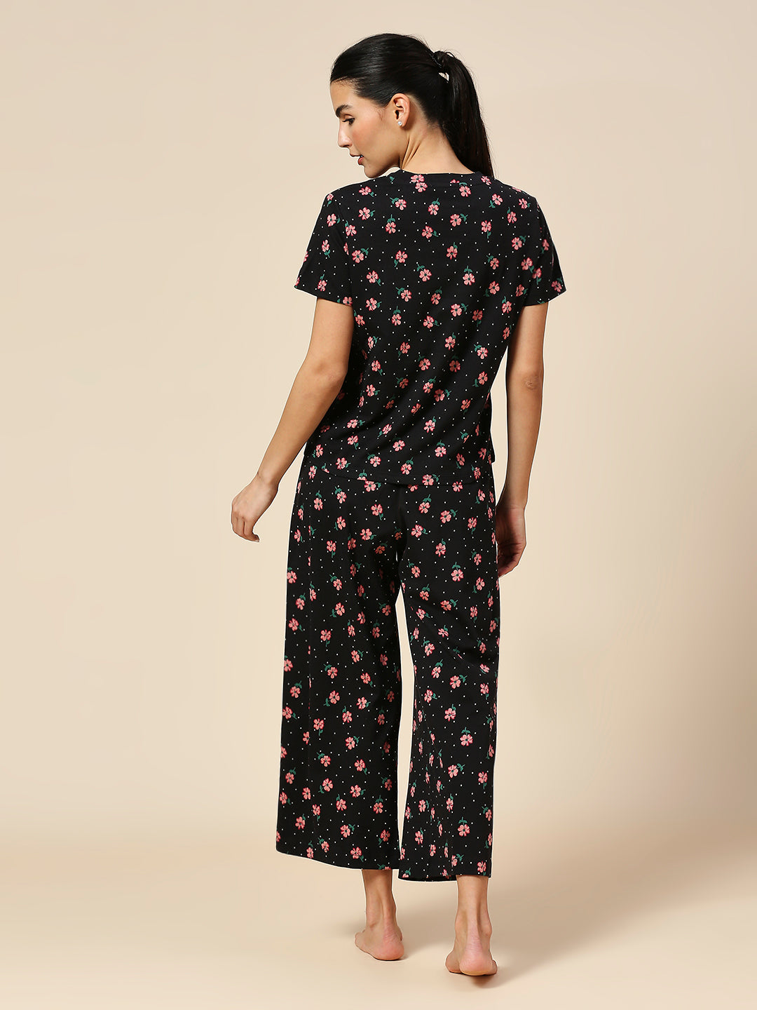 FLORAL PRINTED COTTON JERSEY ESSENTIAL LOUNGE SET