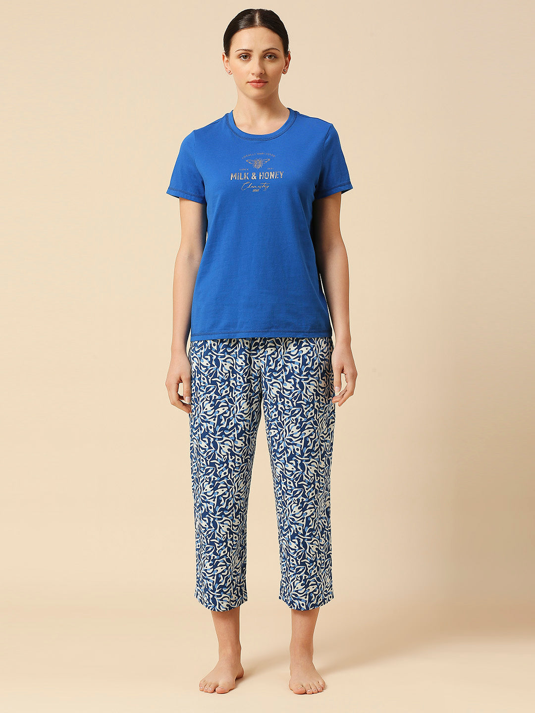 COTTON TEE & PRINTED VISCOSE PJ'S NIGHTSUIT SET