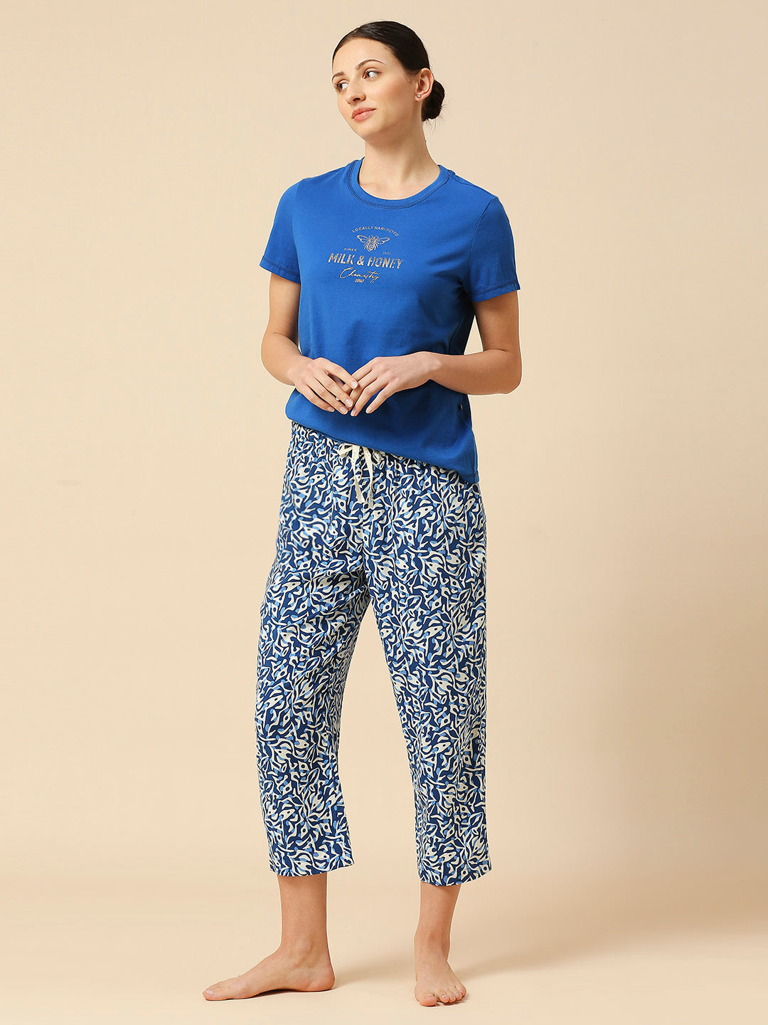 COTTON TEE & PRINTED VISCOSE PJ'S NIGHTSUIT SET