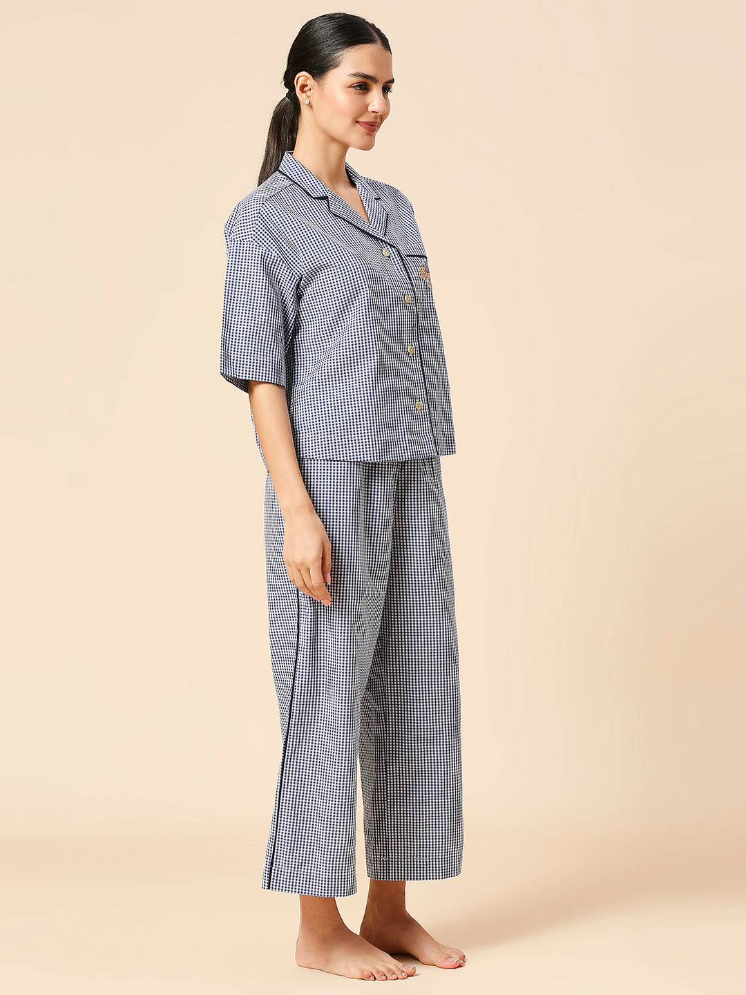 EMBROIDERED POCKET LAPEL COLLAR NIGHT SHIRT & WIDE LEG COTTON CHECKERED NIGHTSUIT