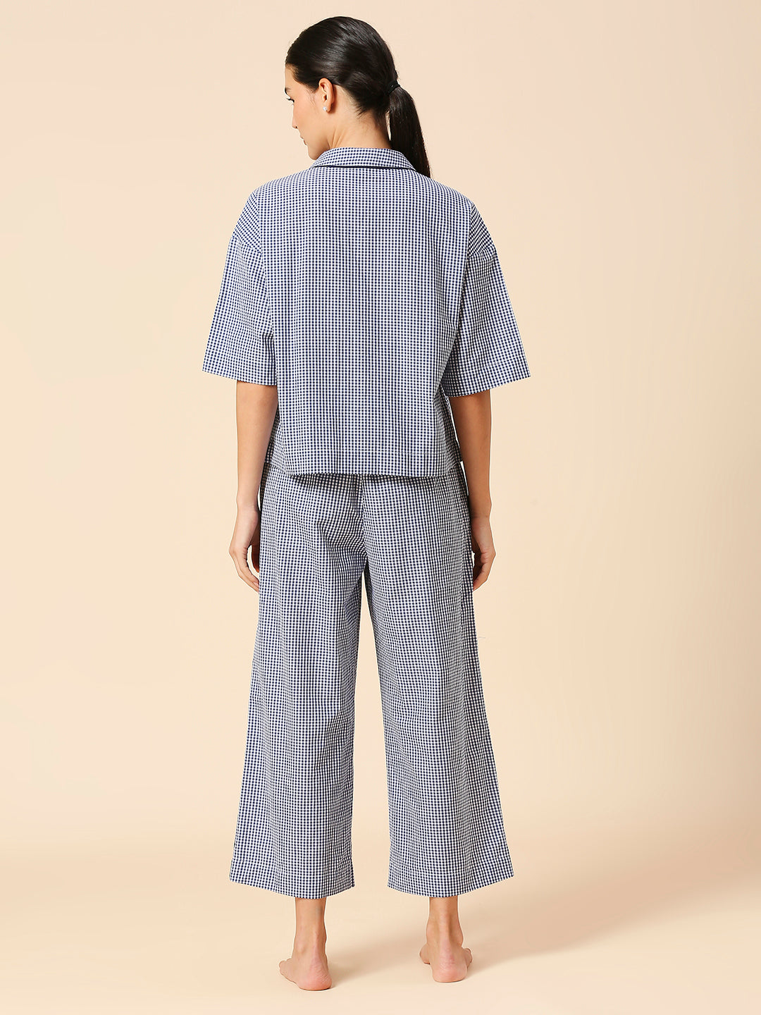 EMBROIDERED POCKET LAPEL COLLAR NIGHT SHIRT & WIDE LEG COTTON CHECKERED NIGHTSUIT