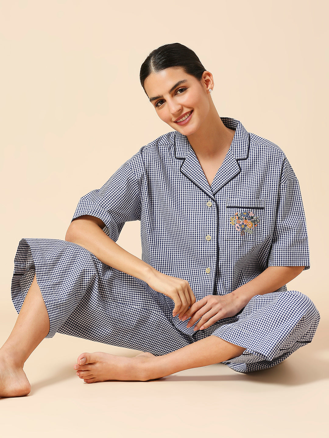 EMBROIDERED POCKET LAPEL COLLAR NIGHT SHIRT & WIDE LEG COTTON CHECKERED NIGHTSUIT