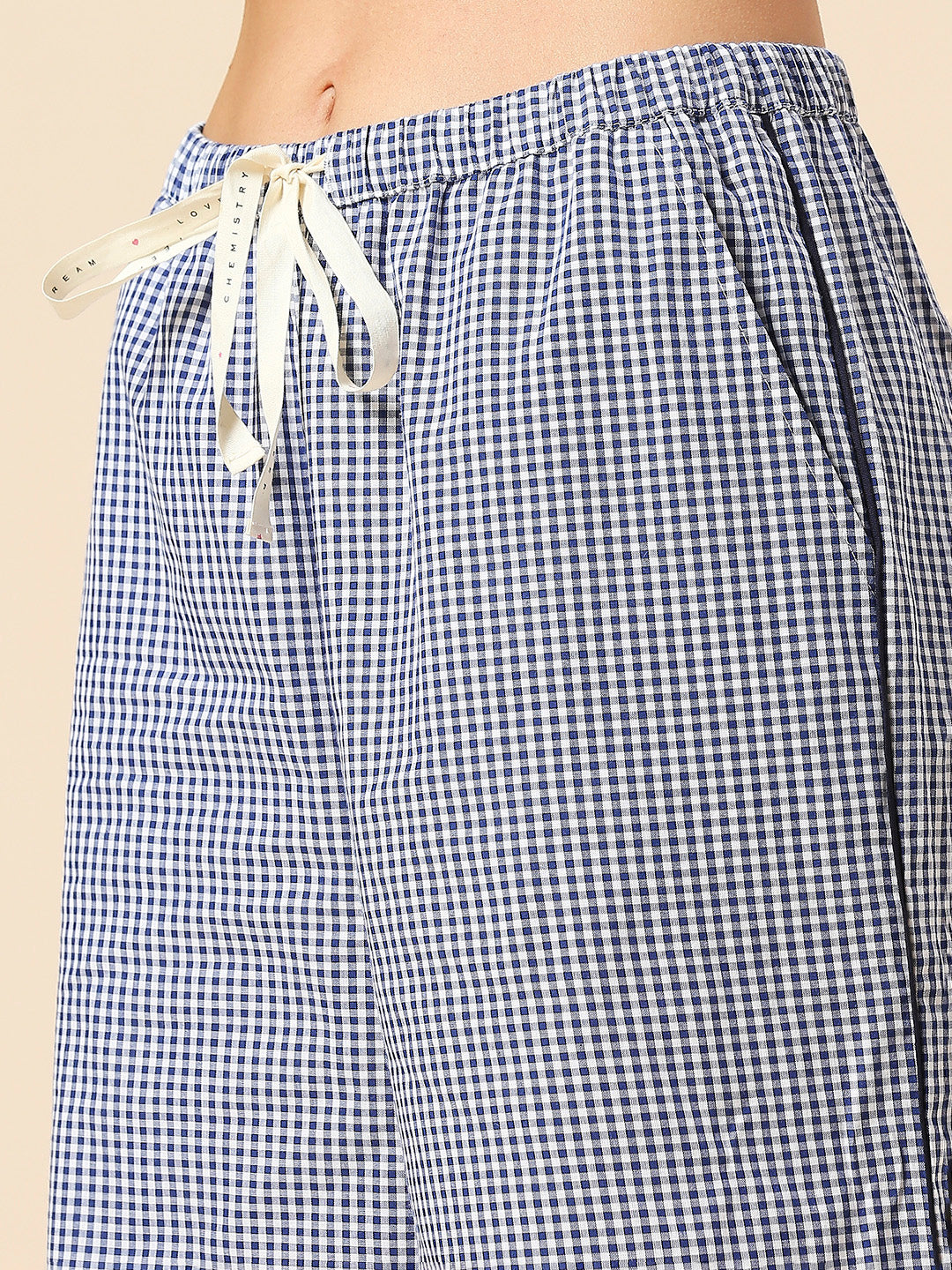 EMBROIDERED POCKET LAPEL COLLAR NIGHT SHIRT & WIDE LEG COTTON CHECKERED NIGHTSUIT