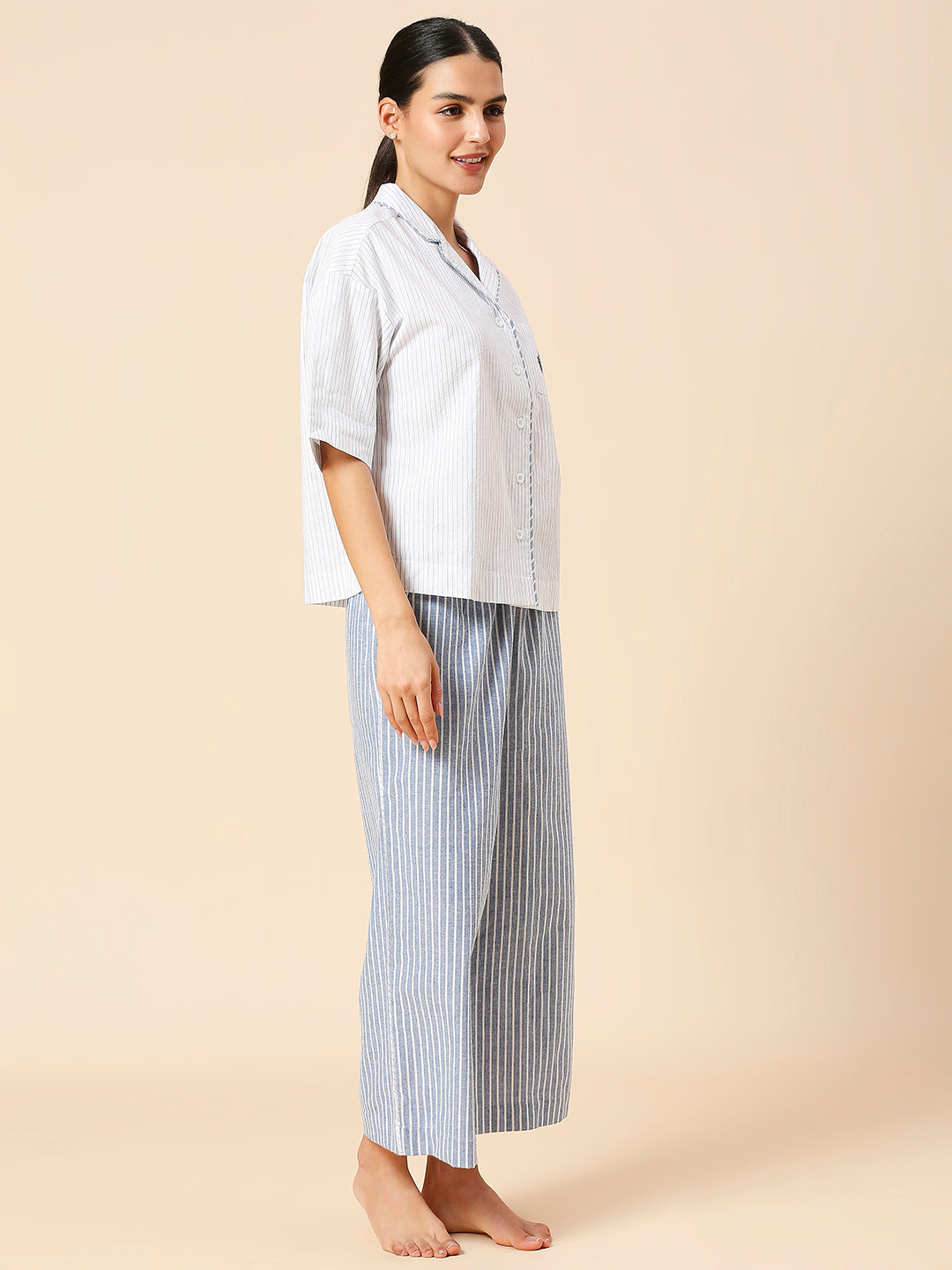EMBROIDERED POCKET LAPEL COLLAR NIGHT SHIRT & WIDE LEG COTTON STRIPED NIGHTSUIT