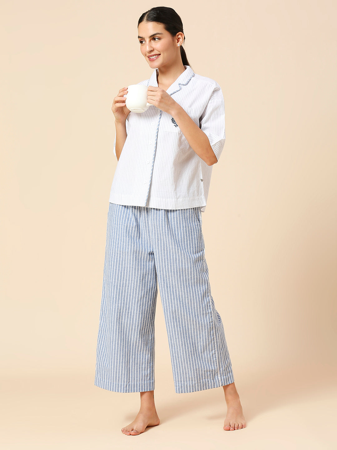 EMBROIDERED POCKET LAPEL COLLAR NIGHT SHIRT & WIDE LEG COTTON STRIPED NIGHTSUIT