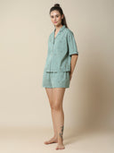 COTTON FLEX EMBROIDERED DROP SHOULDER NIGHT SUIT SHORTS SET