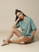 COTTON FLEX EMBROIDERED DROP SHOULDER NIGHT SUIT SHORTS SET