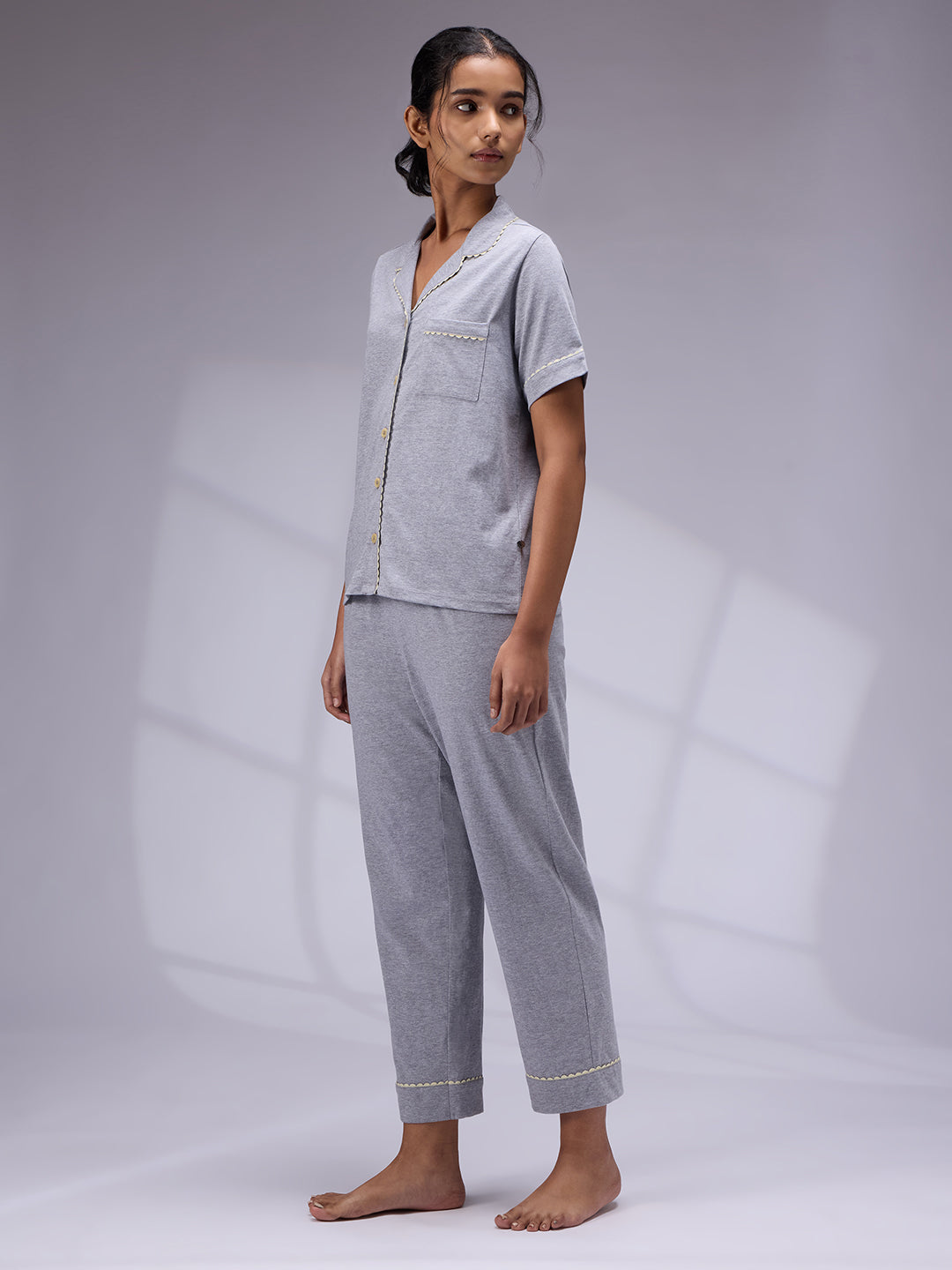 GREY MILANGE LAPEL COLLARED NIGHT SUIT