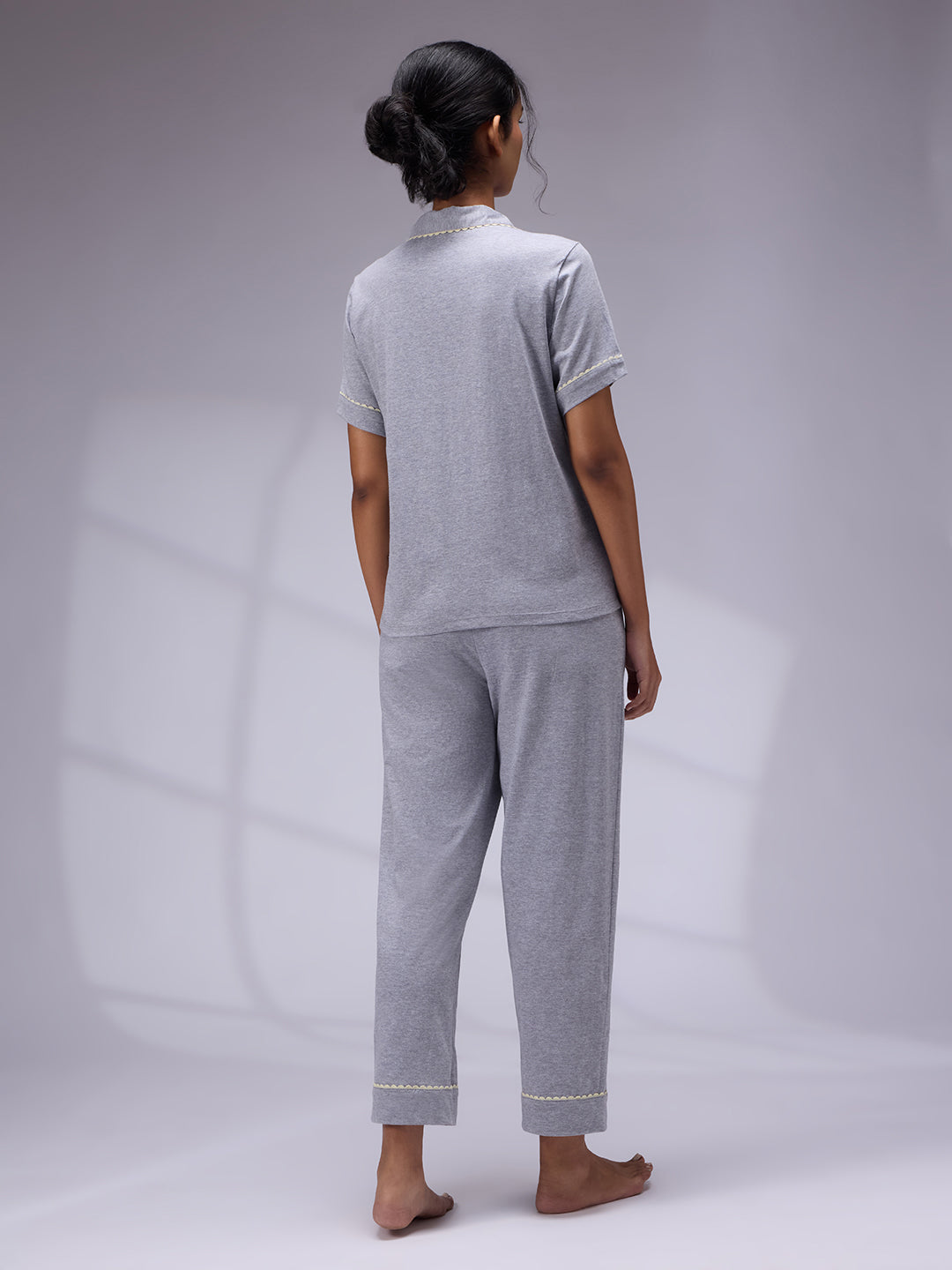 GREY MILANGE LAPEL COLLARED NIGHT SUIT