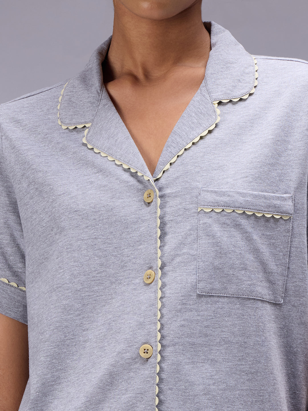 GREY MILANGE LAPEL COLLARED NIGHT SUIT