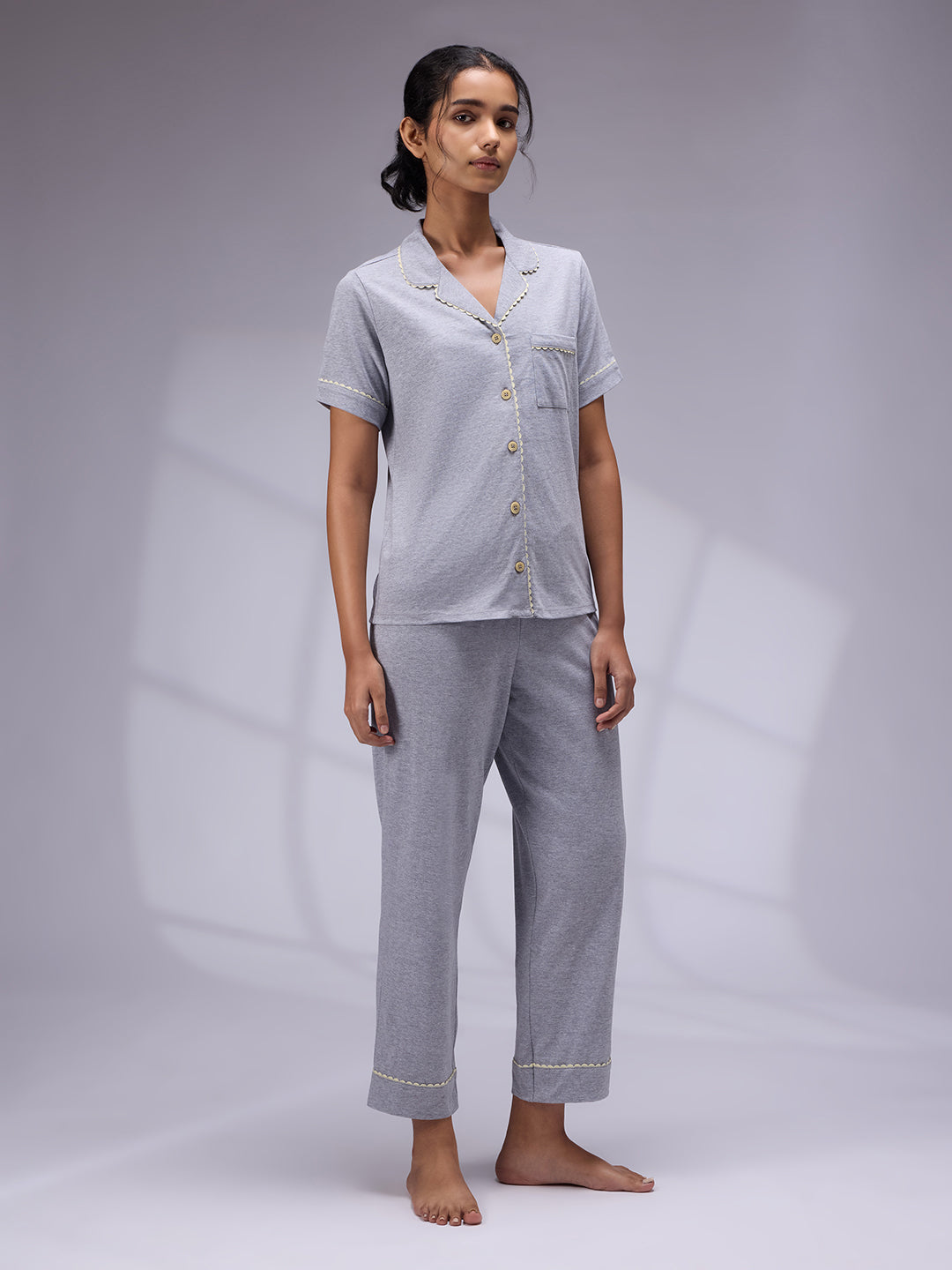 GREY MILANGE LAPEL COLLARED NIGHT SUIT