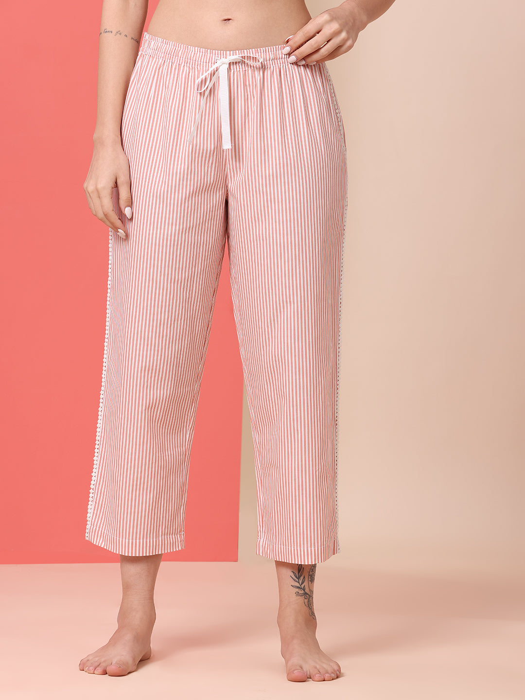 STRIPED PJ LOUNGE SET W/ CROCHET TRIMMING