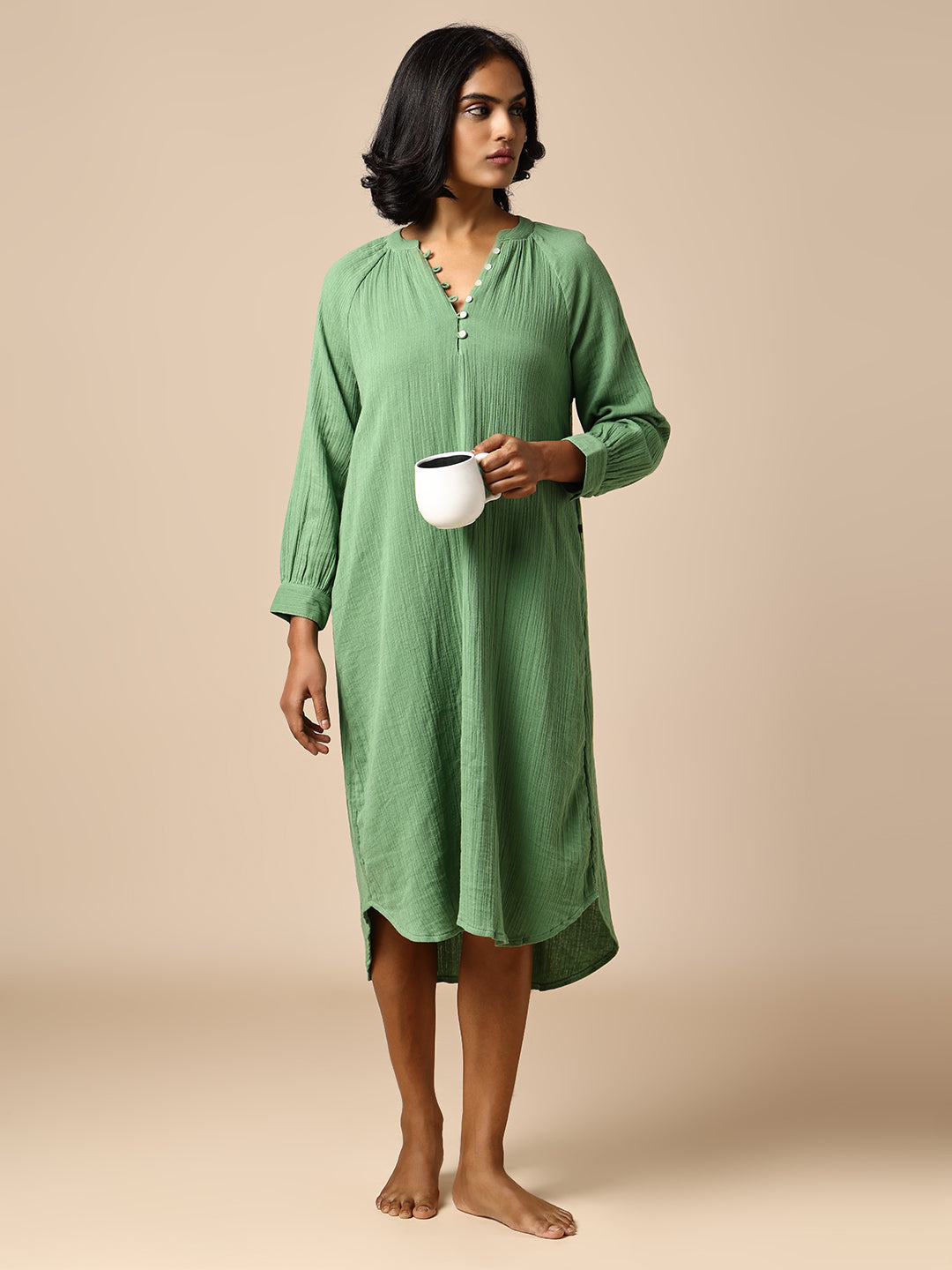 CRINKLE DOUBLE COTTON CREPE LOUNGE DRESS