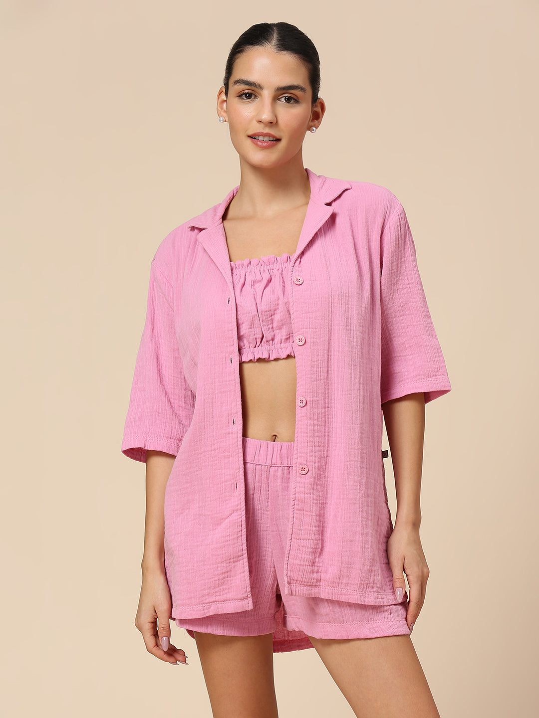 CRINKLE DOUBLE CREPE COTTON LOUNGEWEAR SET W/ RUCHED STRAPLESS TUBE TOP, LONGLINE OVERSHIRT & SHORTS