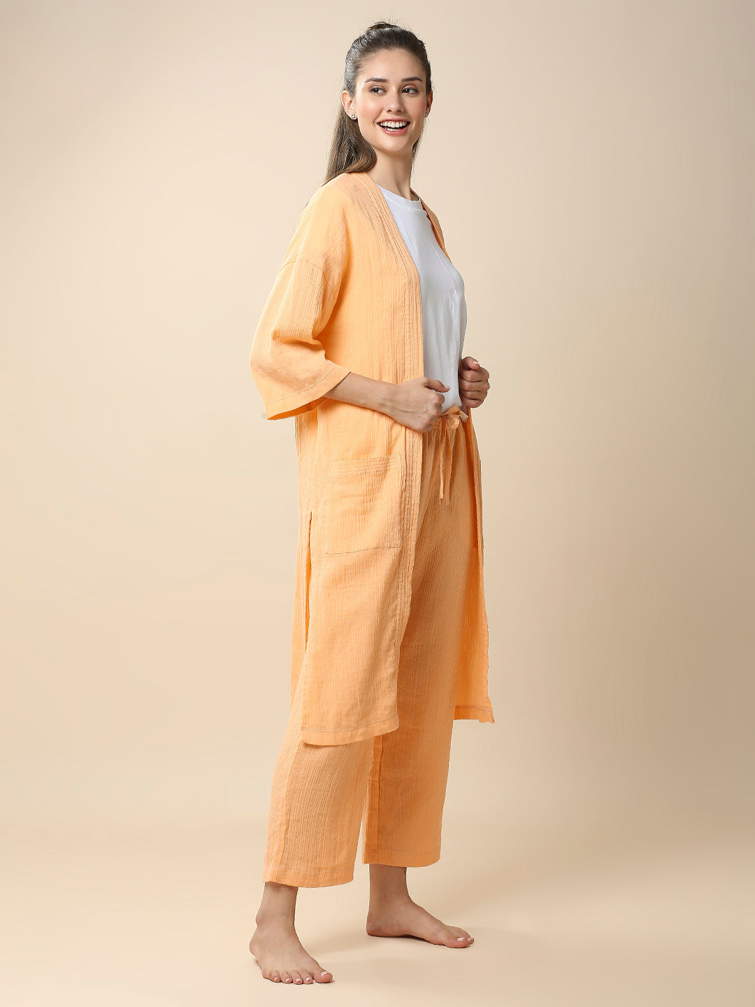 DOUBLE COTTON CRINKLE CREPE NIGHT SUIT SET W/ KIMONO COVER UP