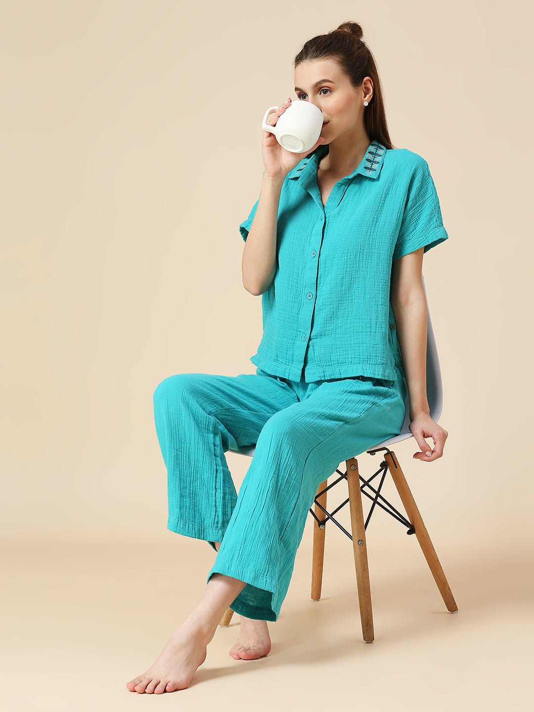 CRINKLE COTTON EMBROIDERED SHIRT & CROPPED PJ LOUNGE SET