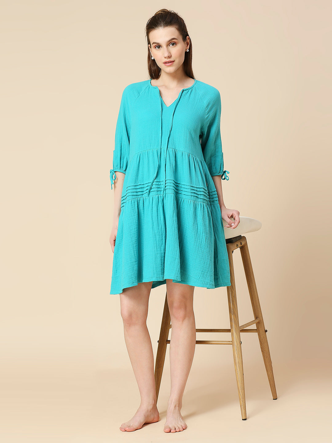 DOUBLE CLOTH CRINKLE COTTON TIERED LOUNGE DRESS WITH TIE - UPS