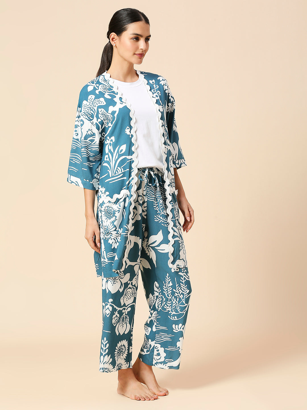 FLORAL VISCOSE NIGHSUIT W/ KIMONO COVER UP & RIC RAC DETAILING