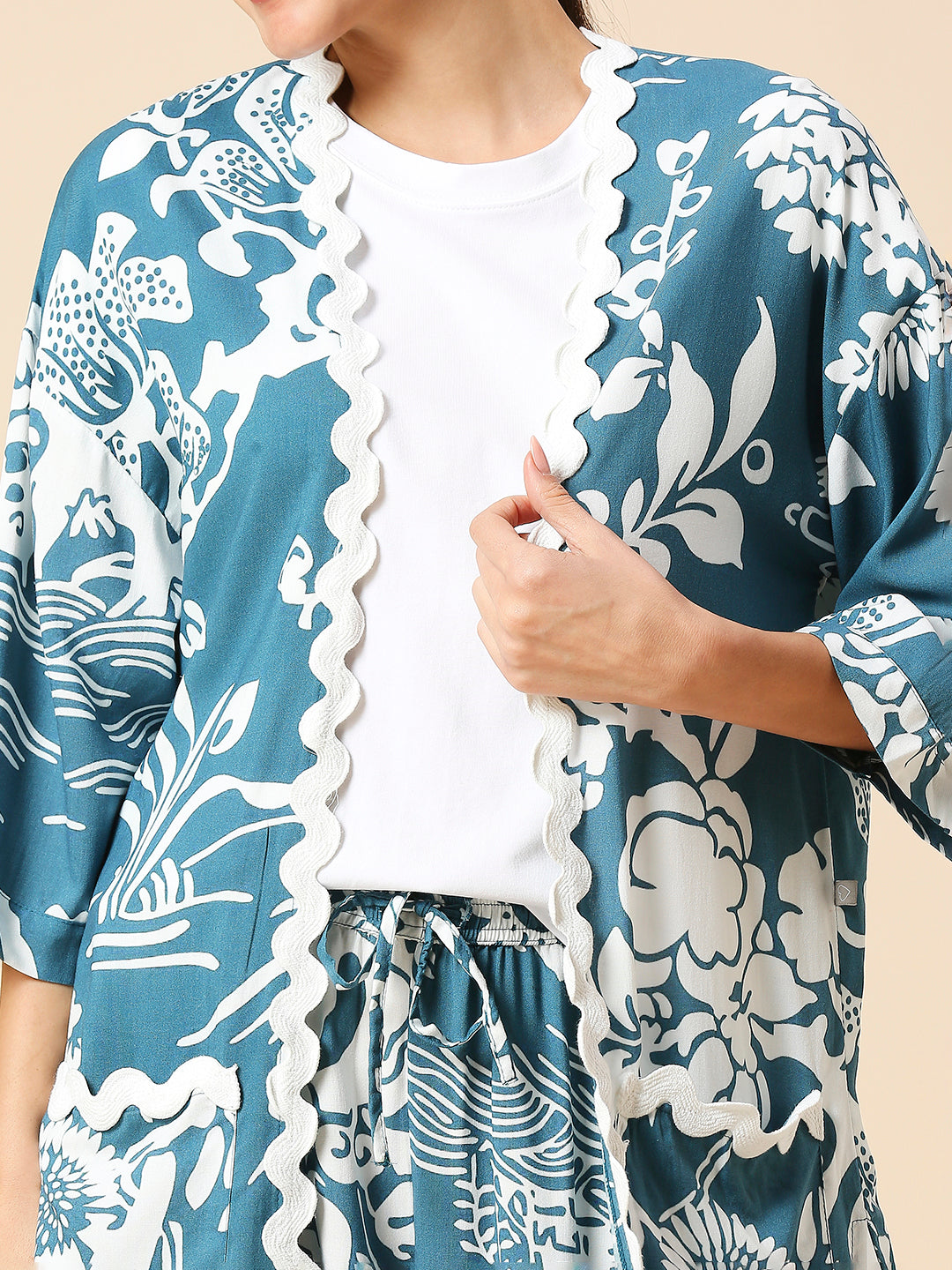 FLORAL VISCOSE NIGHSUIT W/ KIMONO COVER UP & RIC RAC DETAILING