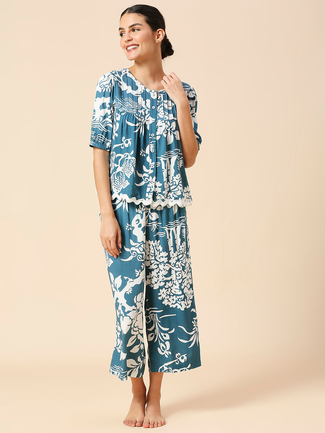 FLORAL VISCOSE NIGHTSUIT W/ RIC RAC DETAILING