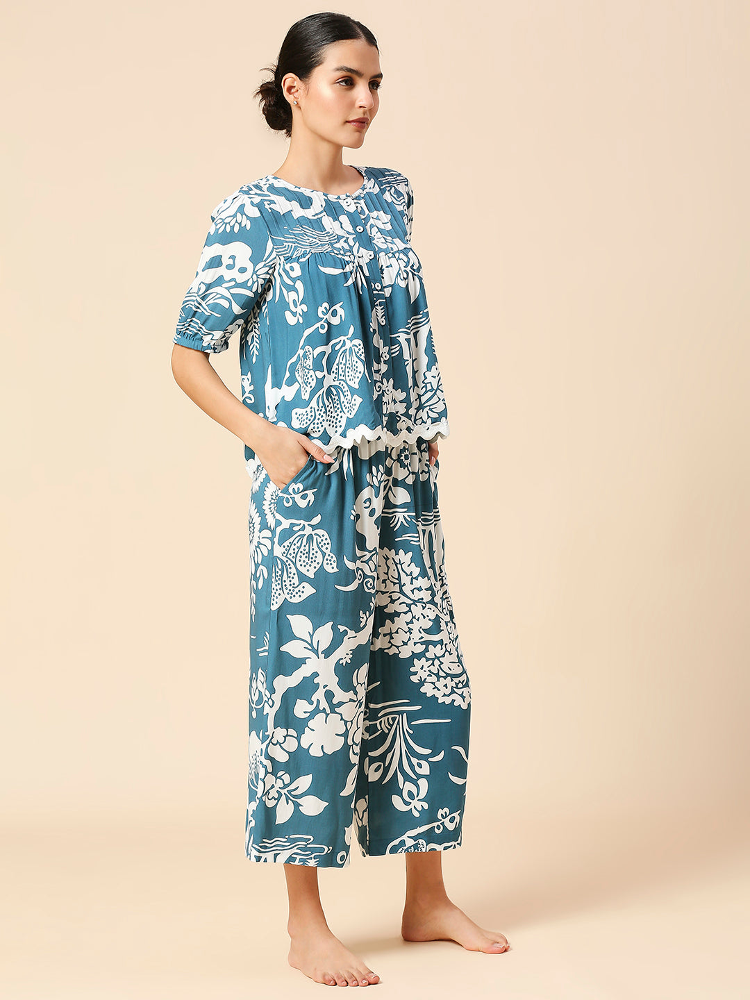 FLORAL VISCOSE NIGHTSUIT W/ RIC RAC DETAILING