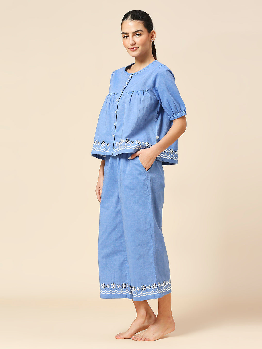 COTTON CHAMBRAY SCHIFFLI EMBROIDERED NIGHT SUIT