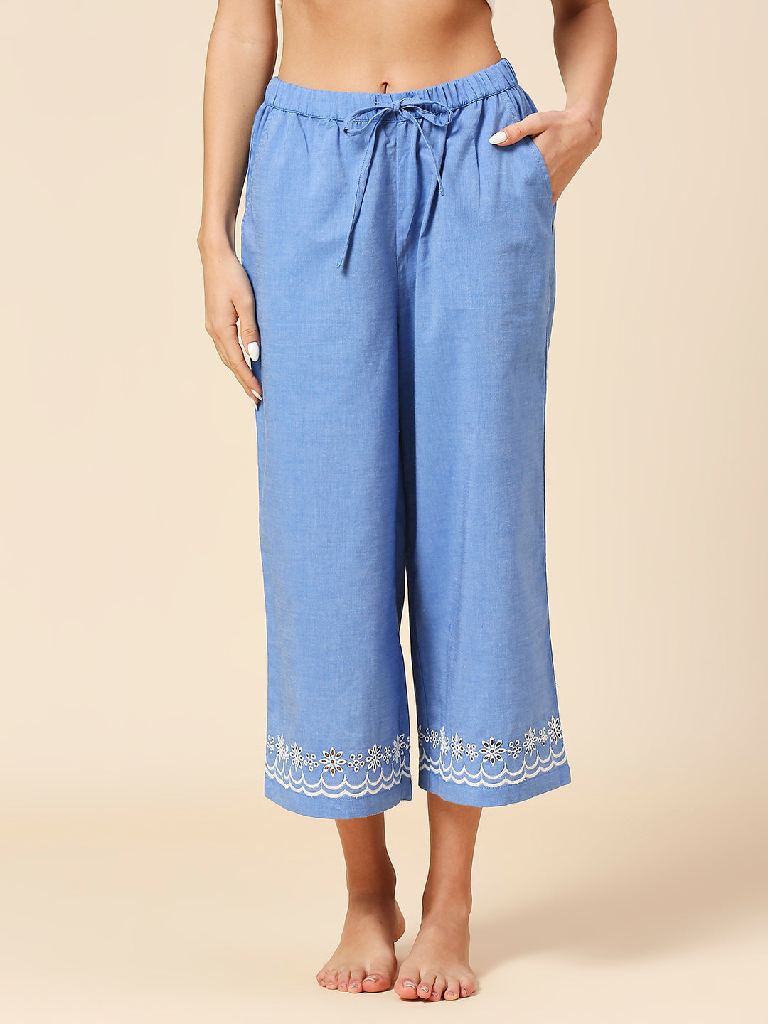 COTTON CHAMBRAY SCHIFFLI EMBROIDERED NIGHT SUIT