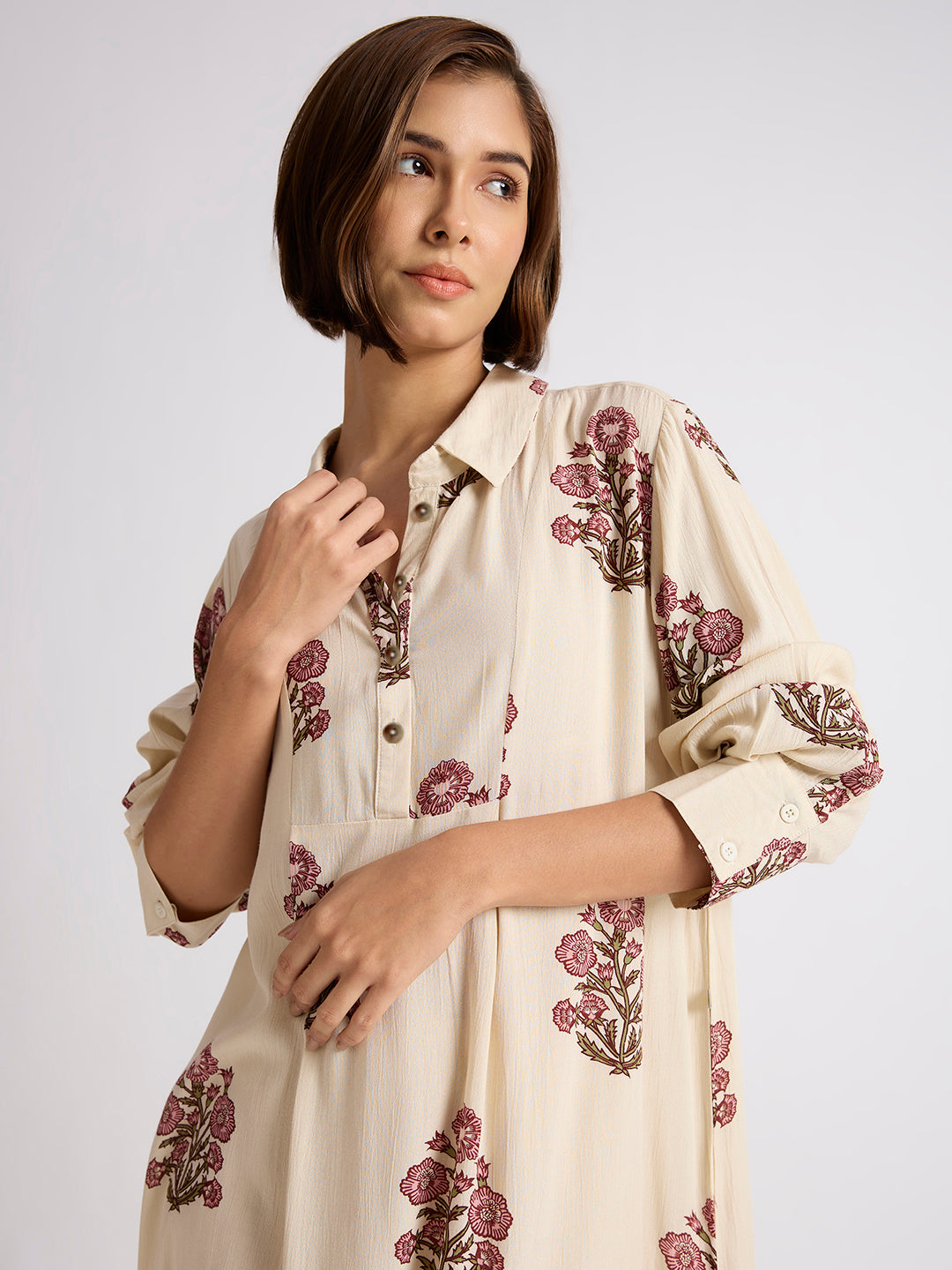 AJRAK PRINTED CRINKLE RAYON LOUNGE DRESS