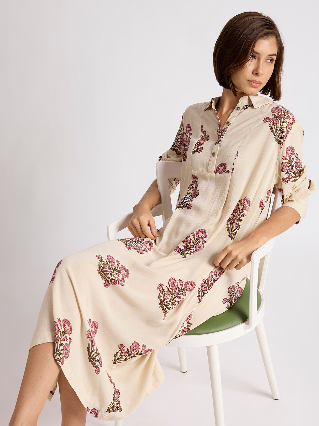 AJRAK PRINTED CRINKLE RAYON LOUNGE DRESS