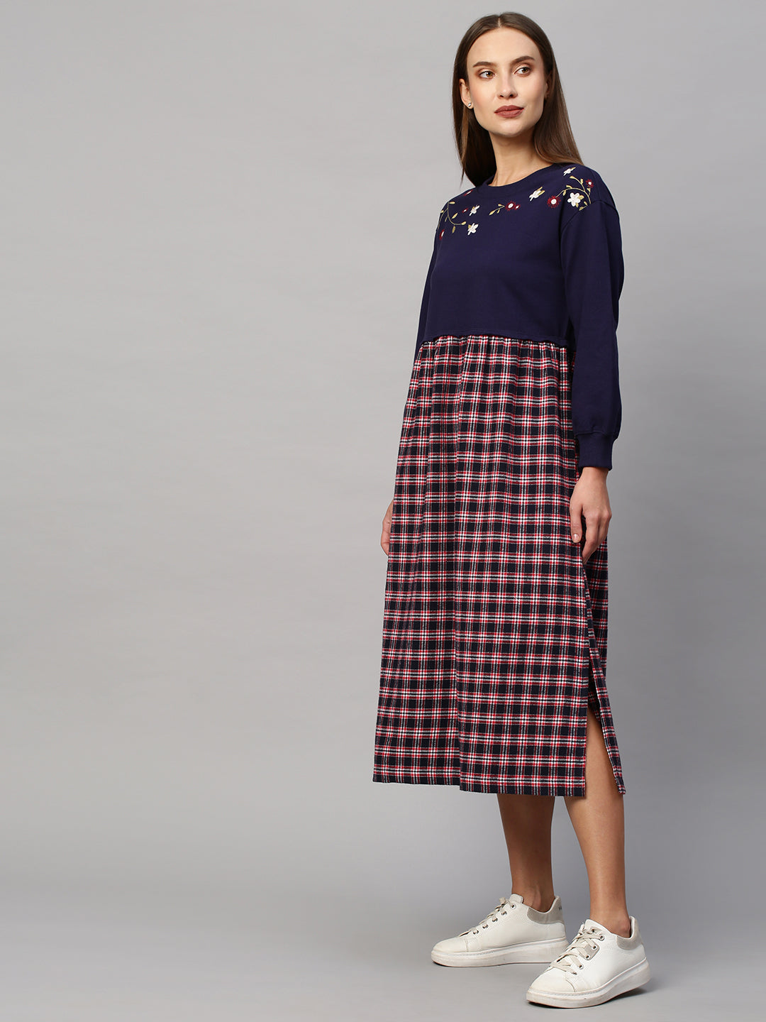 Navy French Terry & Plaid Brushed Flannel Embroidered Sweatshirt Dress