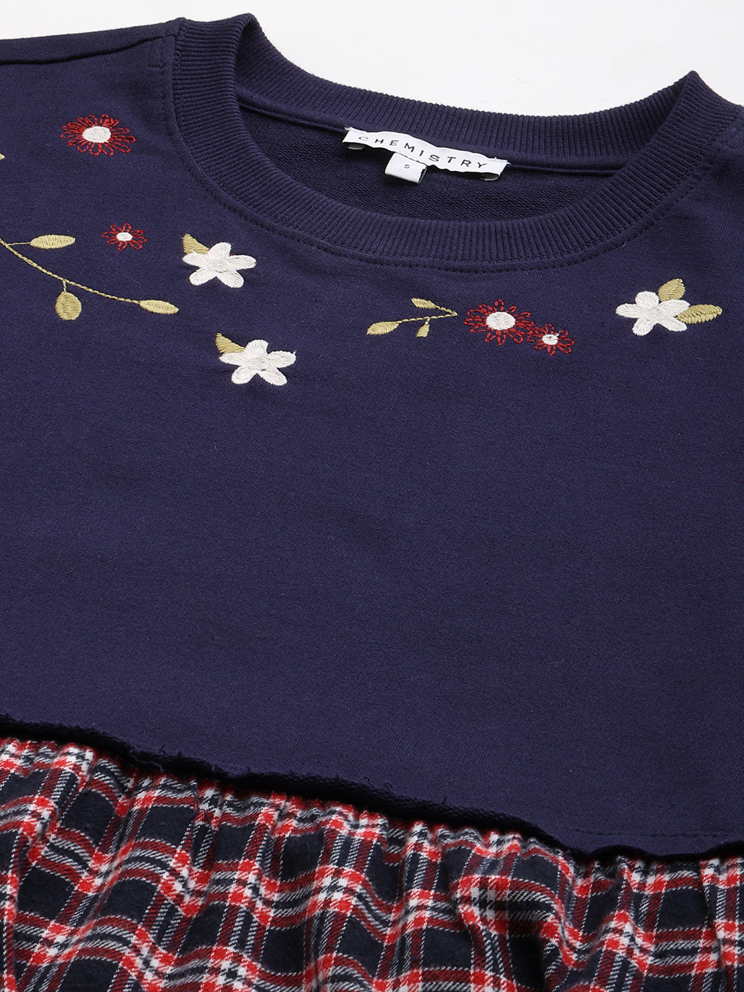 Navy French Terry & Plaid Brushed Flannel Embroidered Sweatshirt Dress