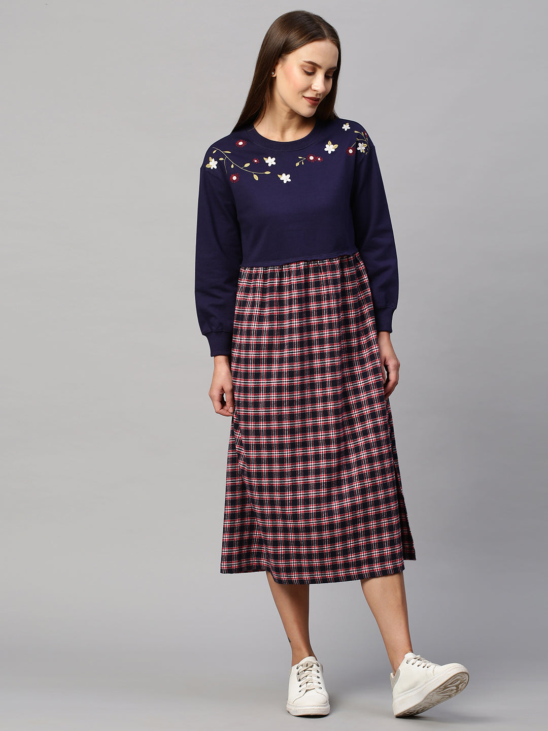 Navy French Terry & Plaid Brushed Flannel Embroidered Sweatshirt Dress
