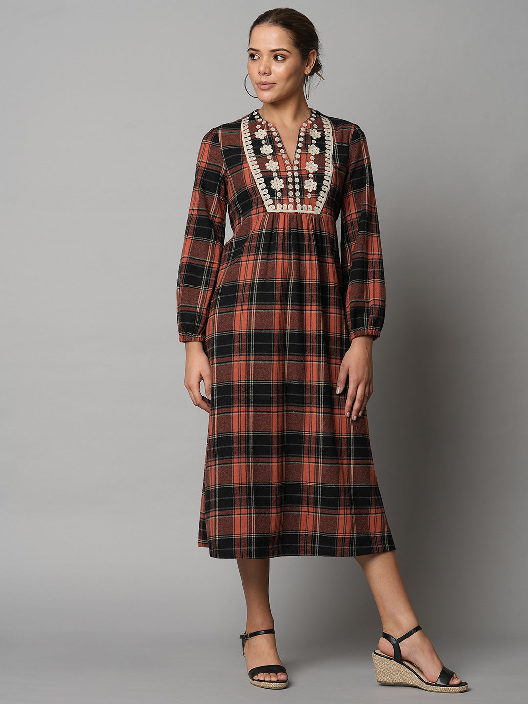 Brushed Flannel Embroidered Tunic Dress W/ Back Tie Up