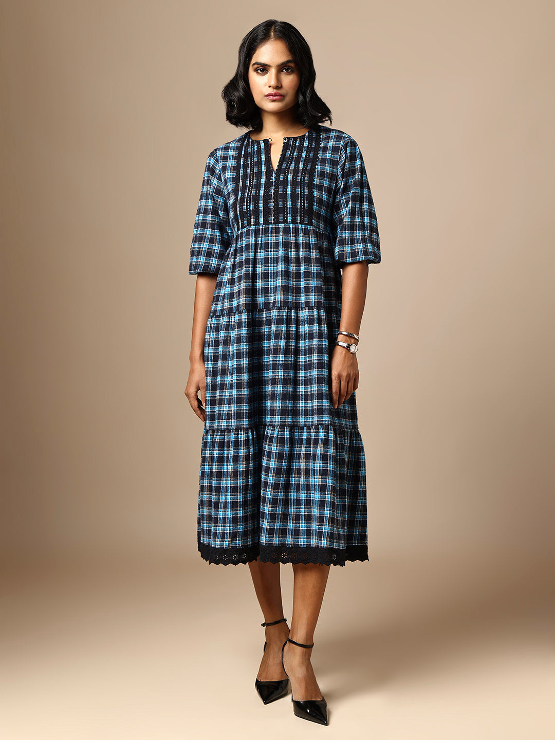 LACE TRIMMED FLANNEL CHECKERED TIERED DRESS