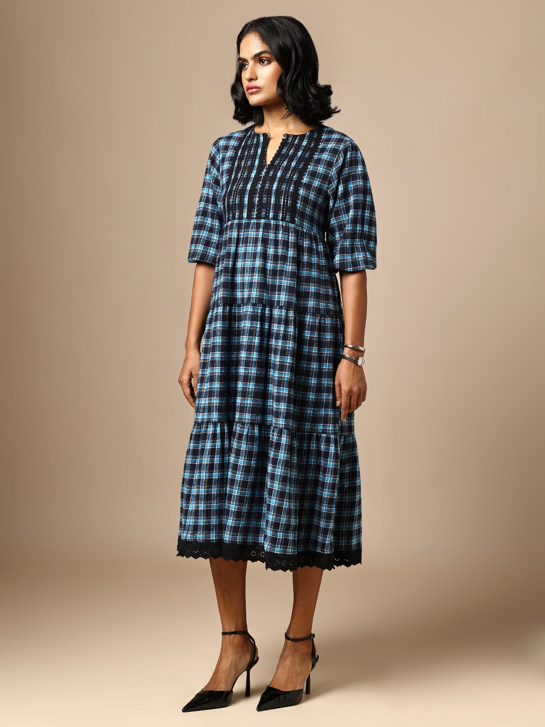 LACE TRIMMED FLANNEL CHECKERED TIERED DRESS