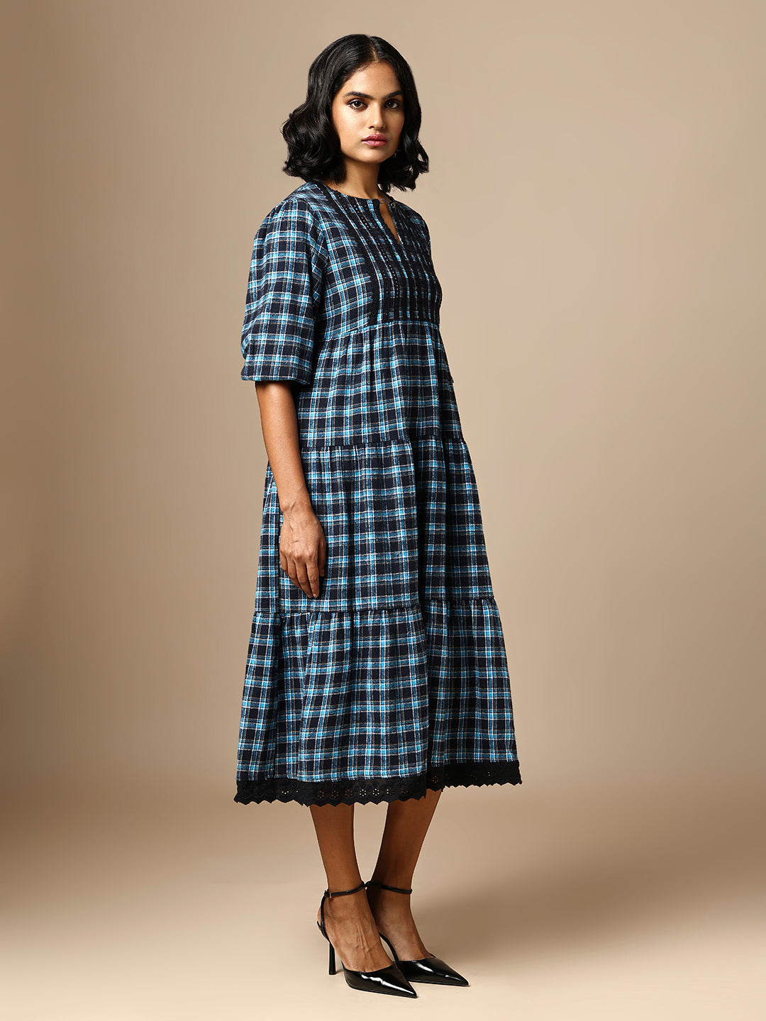 LACE TRIMMED FLANNEL CHECKERED TIERED DRESS