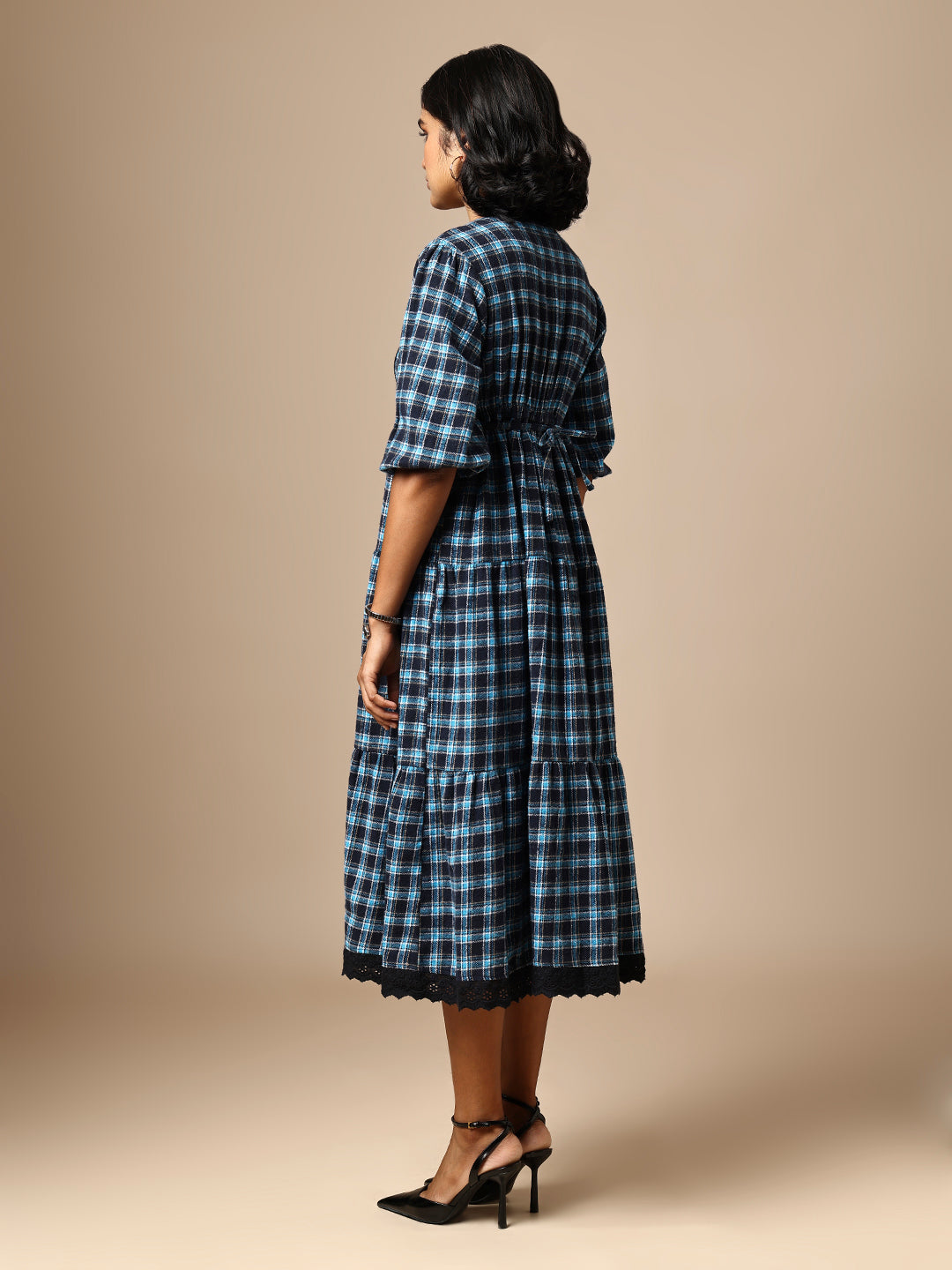 LACE TRIMMED FLANNEL CHECKERED TIERED DRESS