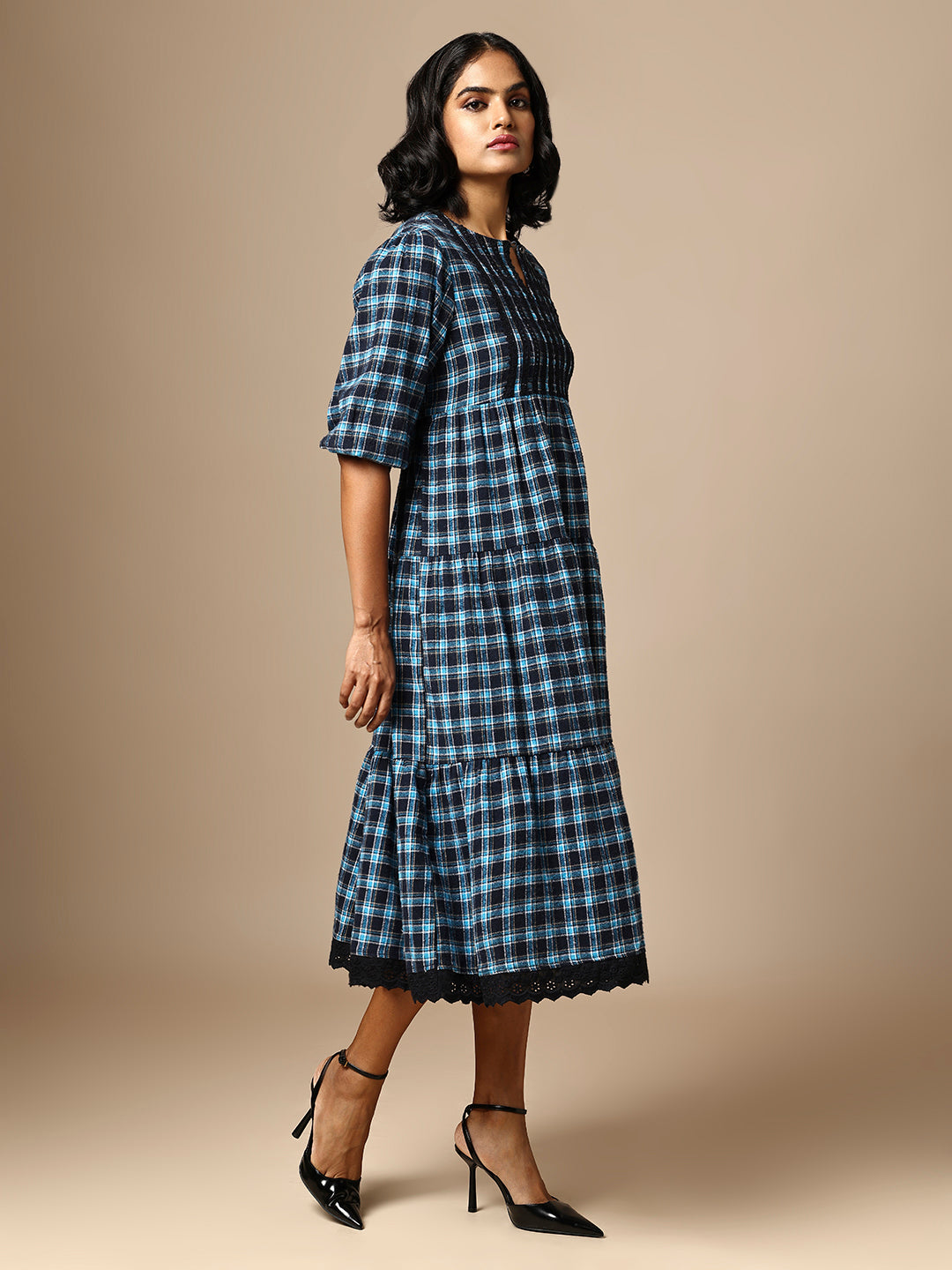 LACE TRIMMED FLANNEL CHECKERED TIERED DRESS