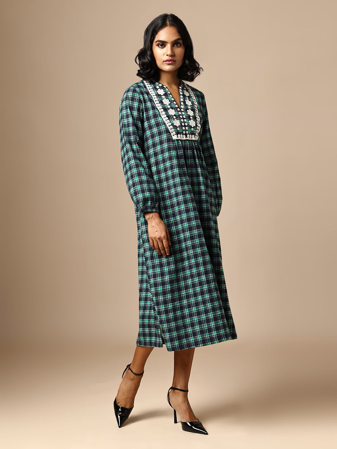 FLANNEL CHECKERED EMBROIDERED TUNIC DRESS