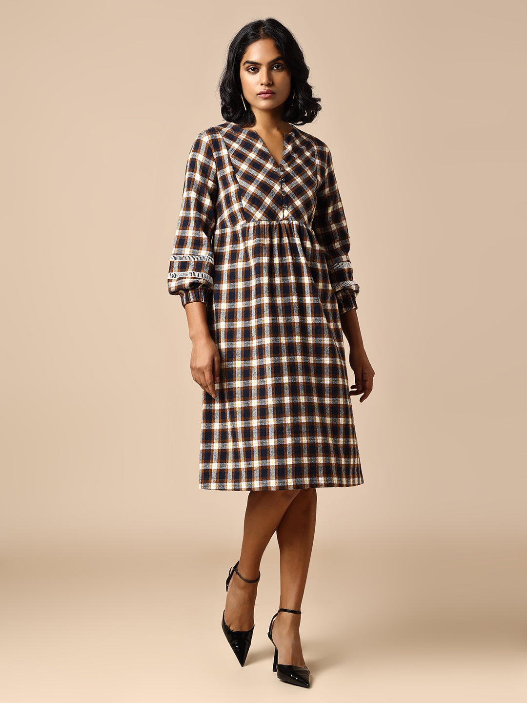 FLANNEL CHECKERED BASQUE DRESS W/ LACE INSERTS