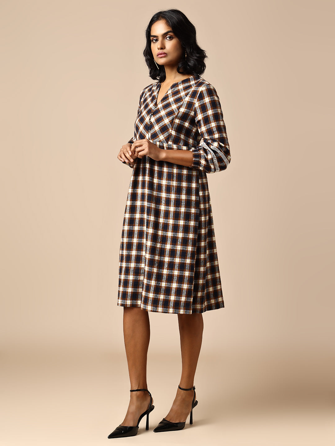 FLANNEL CHECKERED BASQUE DRESS W/ LACE INSERTS