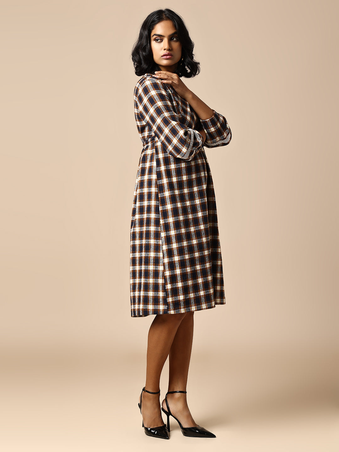 FLANNEL CHECKERED BASQUE DRESS W/ LACE INSERTS