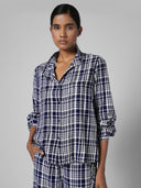 PINTUCKED RAYON SLUB RUFFLE-COLLAR SHIRT