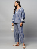 Crosshatch Cotton Chambray Embroidered Raglan Sleeve Tunic Top