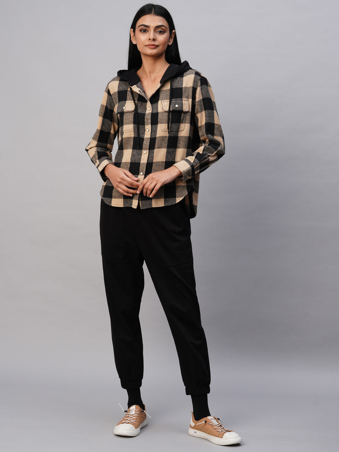 Brushed Plaid Hoodie Shirt W/ Knit French Terry Jogger Set