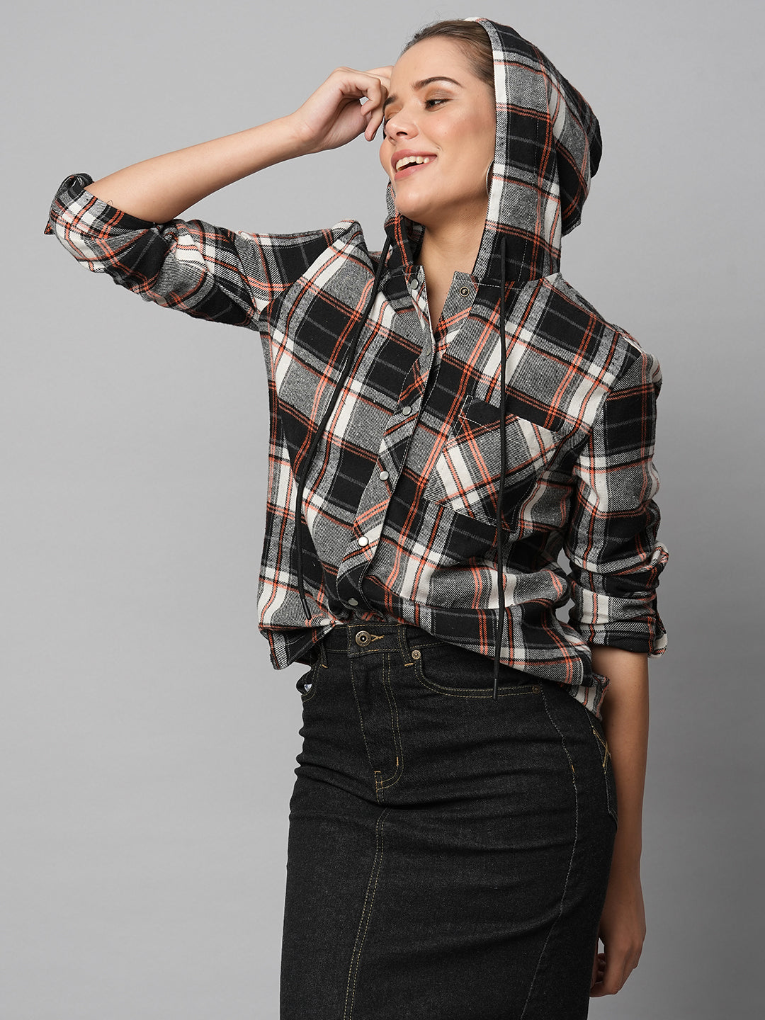 Brushed Flannel Plaid Shirt With Hood