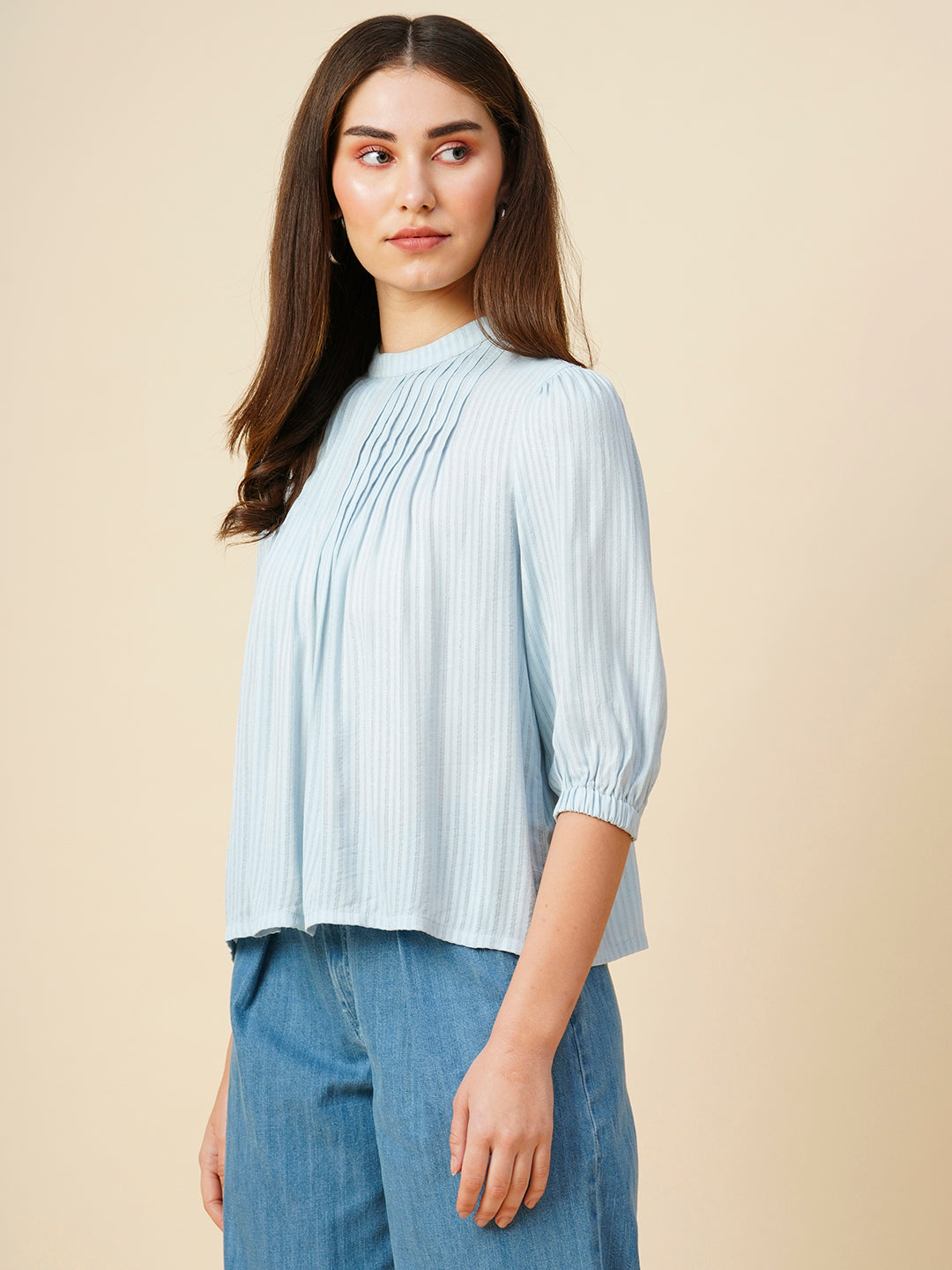 Viscose Crepe Striped Lurex Tucked Detail High Neck Swing Top