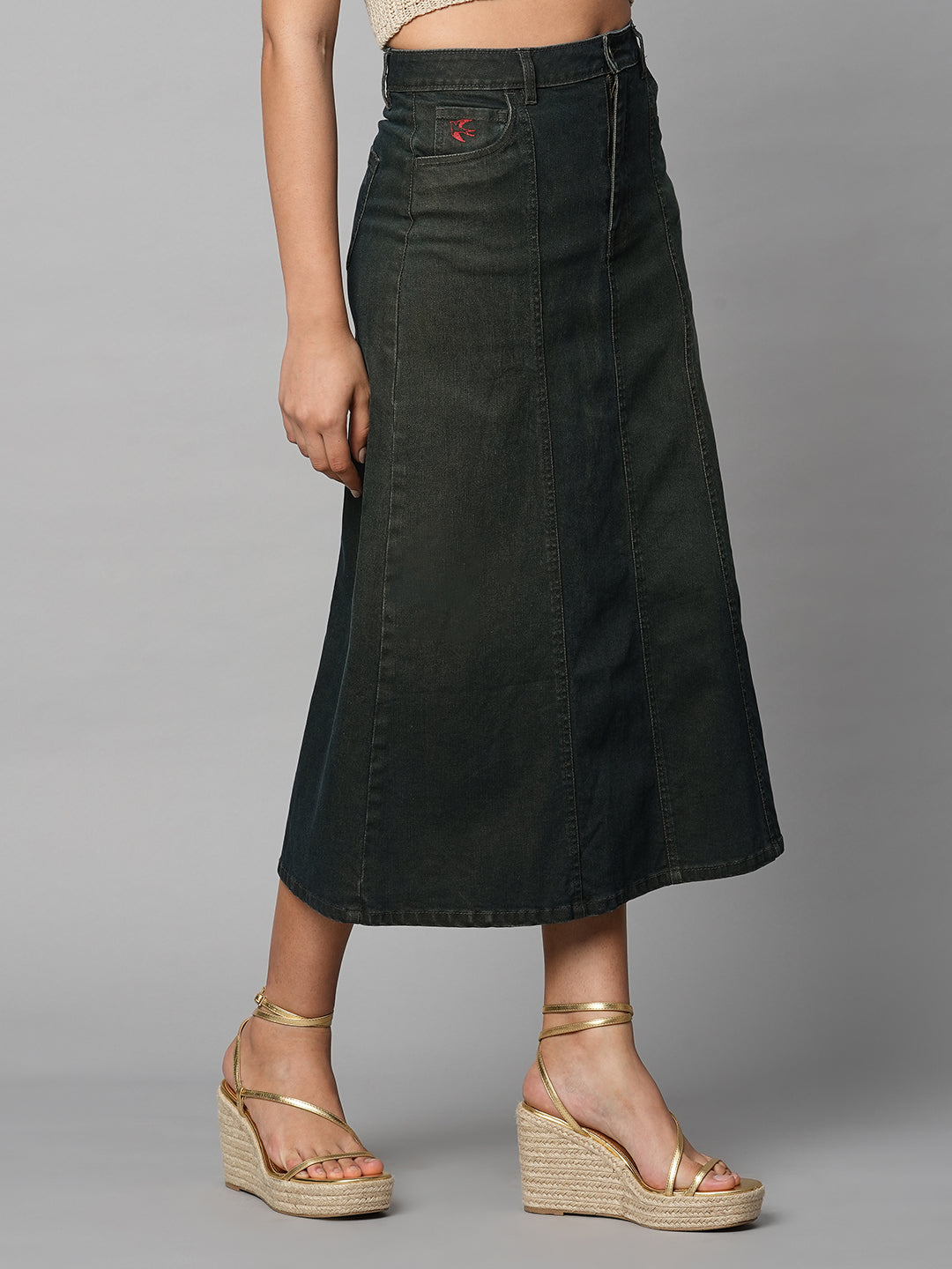 DIRTY WASH DENIM PANELLED FIT N FLARE SKIRT