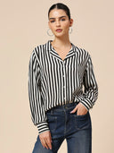 LAPEL COLLAR VISCOSE CREPE STRIPED FLUID SHIRT