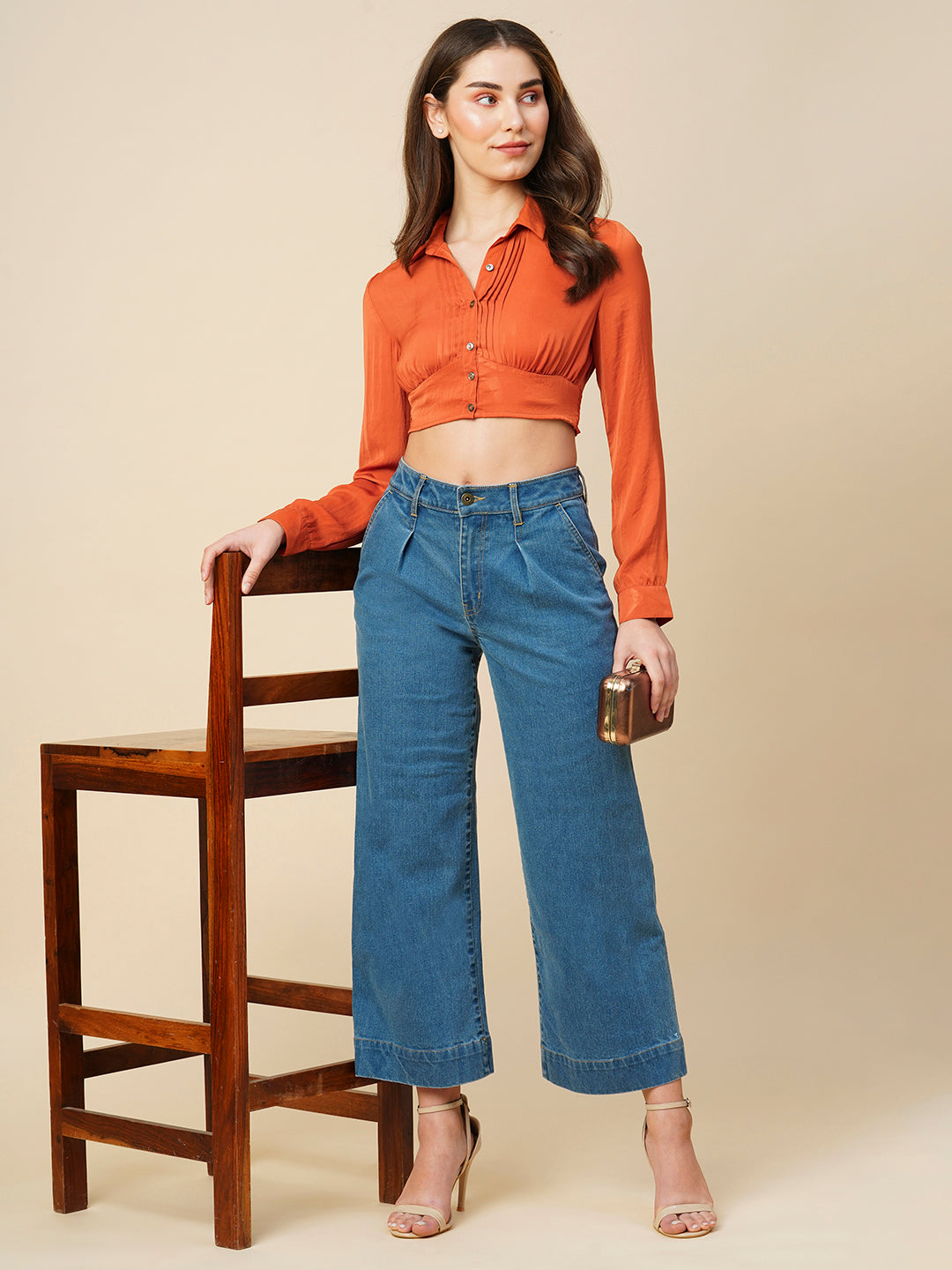 Hammered Satin Pintucked Cropped Shirt